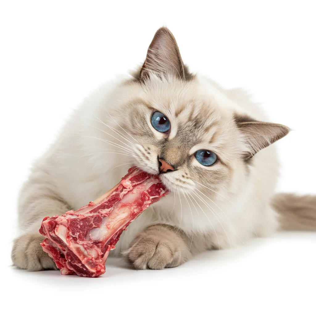 Ragdoll cat chewing a raw bone for natural dental health.