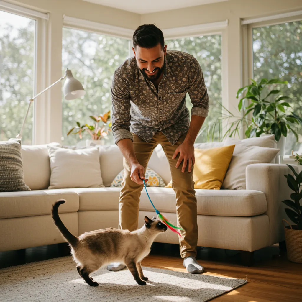 Siamese cat and owner bonding through playtime.