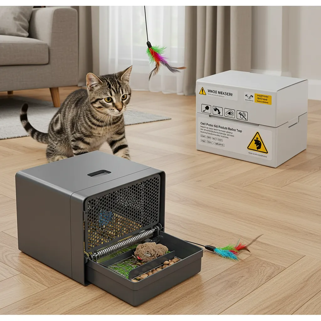 Pet-safe rodent control setup with a cat-proof trap and secure poison storage, preventing cat poisoning.