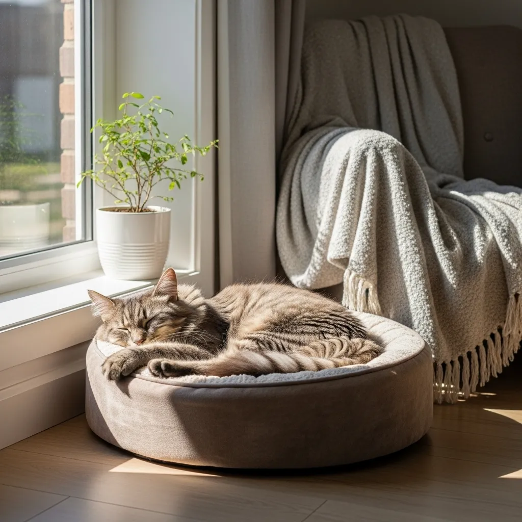 Relaxed cat in a cozy bed in a calm, sunlit room for stress reduction.