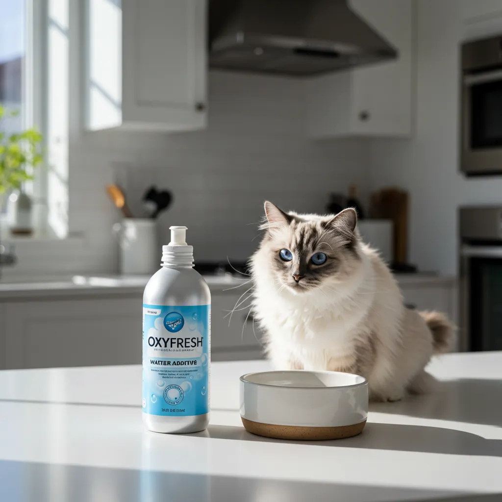Oxyfresh water additive bottle beside a Ragdoll cat’s water bowl.