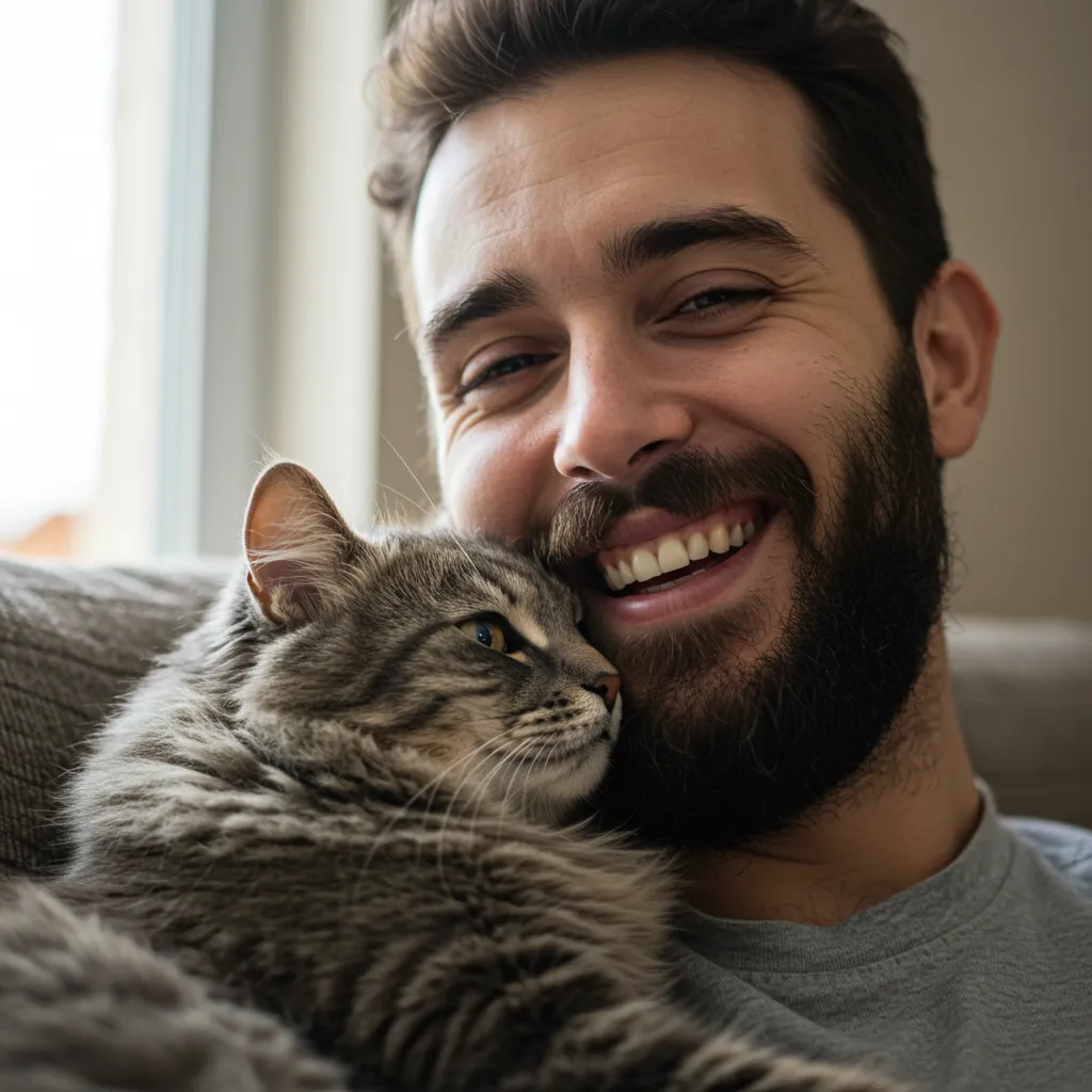 Cat and owner sharing an affectionate moment with beard licking.
