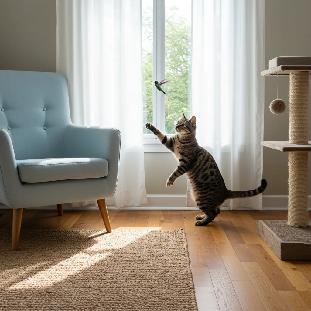  Curious cat scratching a window while watching a bird outside, highlighting feline hunting instincts.