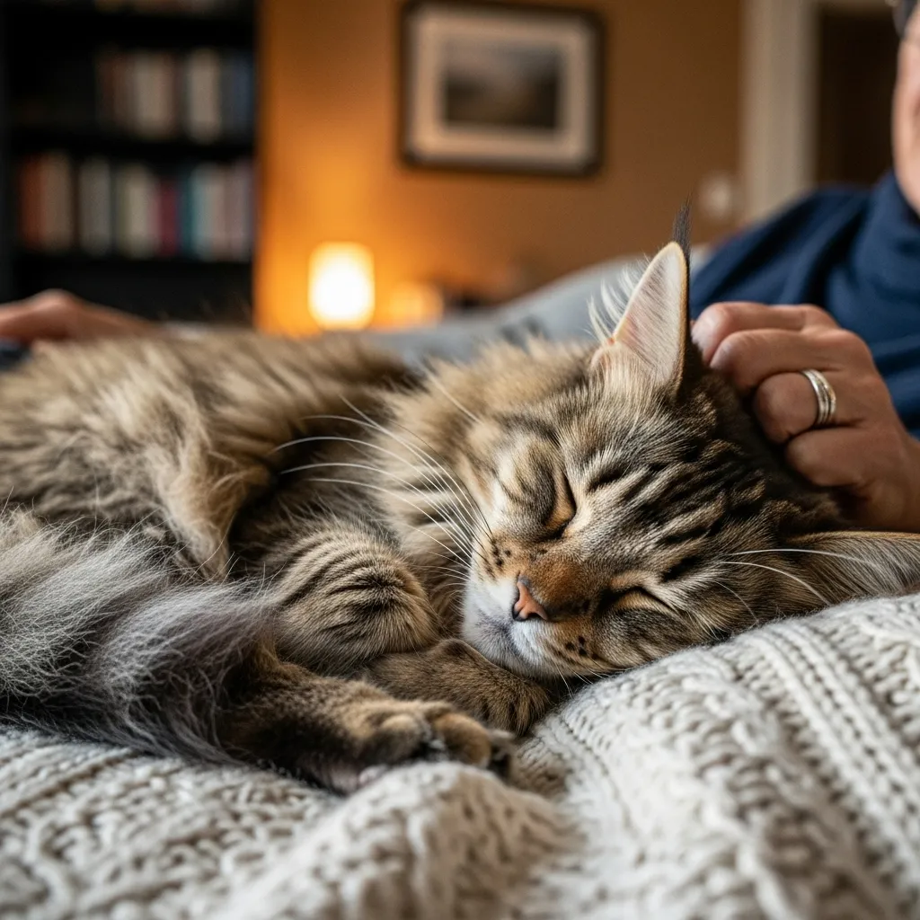 Senior cat resting on a soft blanket with owner providing comfort in a peaceful home.