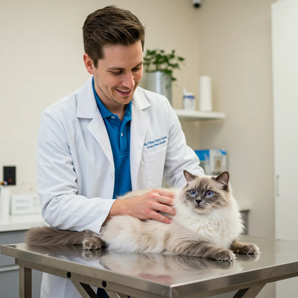  Veterinarian examining a Ragdoll cat for dental health during a check-up