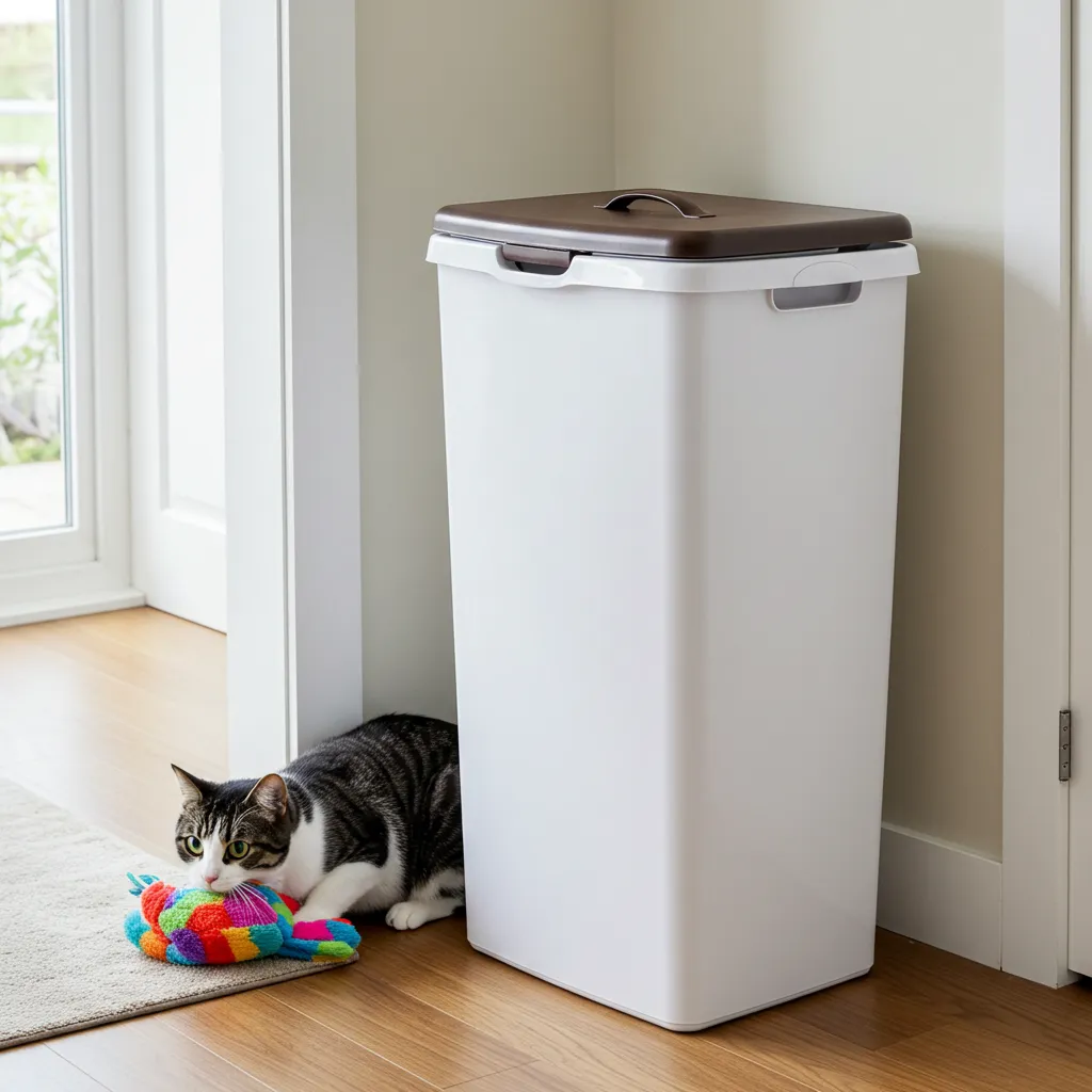 Secure laundry basket and cat with a toy, preventing sock-stealing behavior.