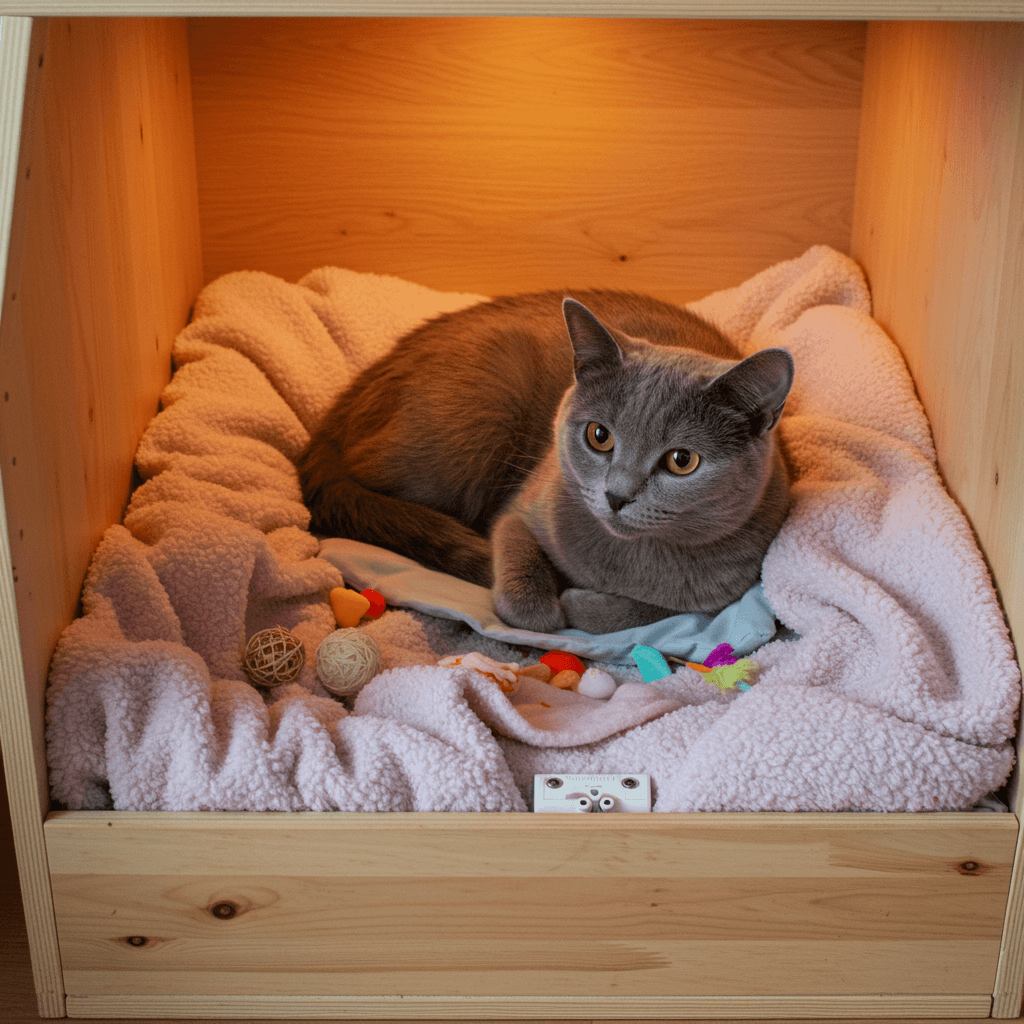 Cozy nesting box setup for a pregnant cat with blankets and toys.