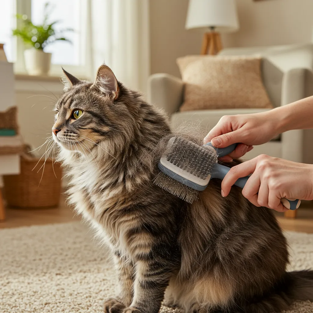Norwegian Forest Cat shedding fur during a brushing session at home.