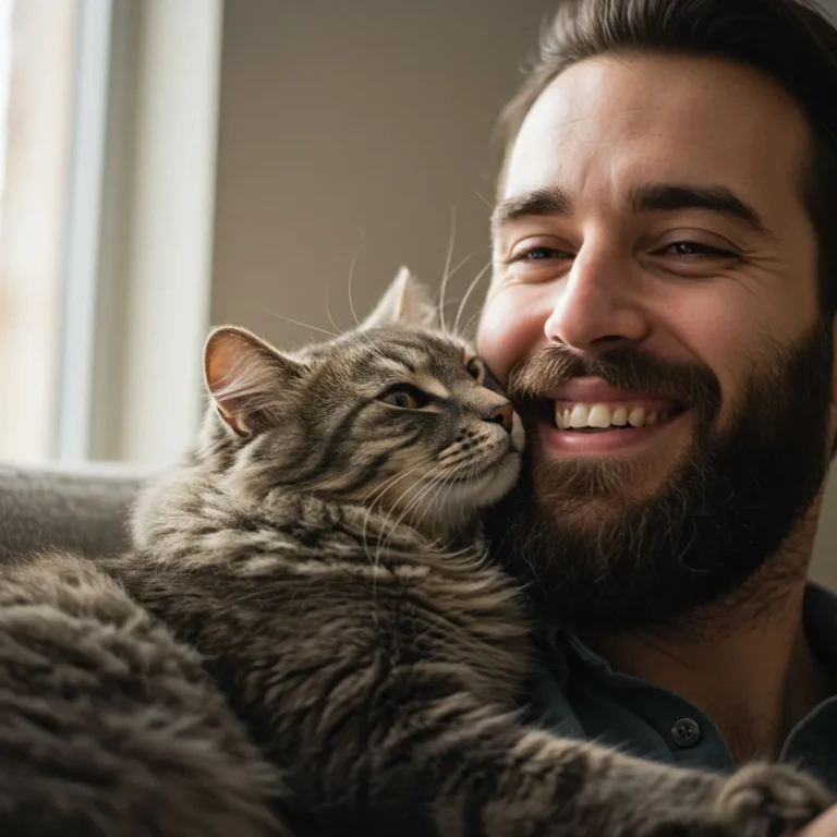 Cat and owner sharing an affectionate moment with beard licking.