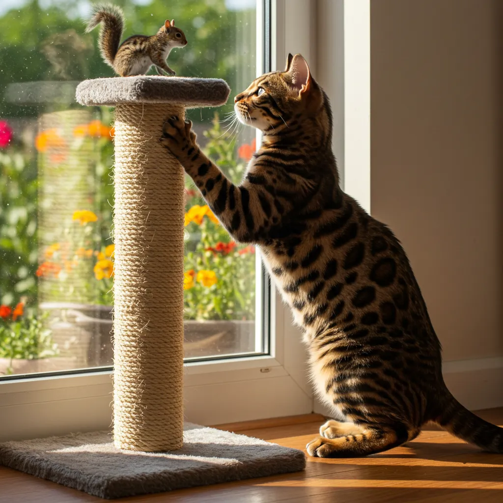 Bengal cat scratching the window due to hunting instincts, watching a squirrel outside.