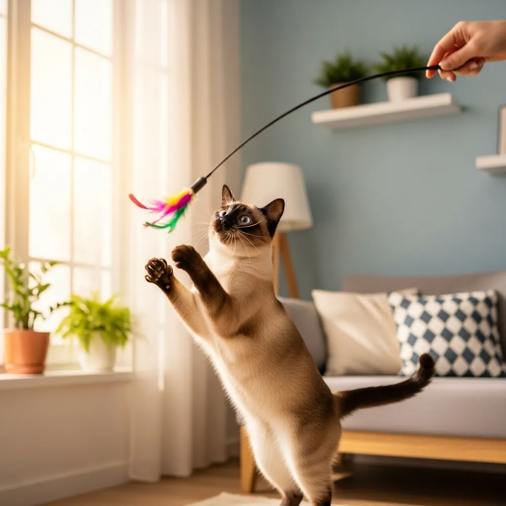 Happy Siamese cat playing with a toy in a bright home, symbolizing cancer recovery.