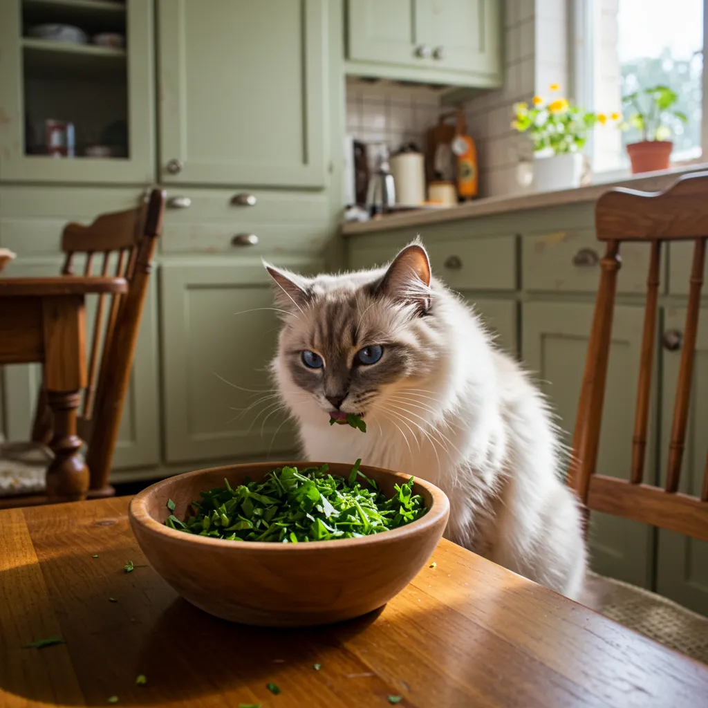 Chopped parsley for natural cat breath freshening beside a Ragdoll cat’s meal.