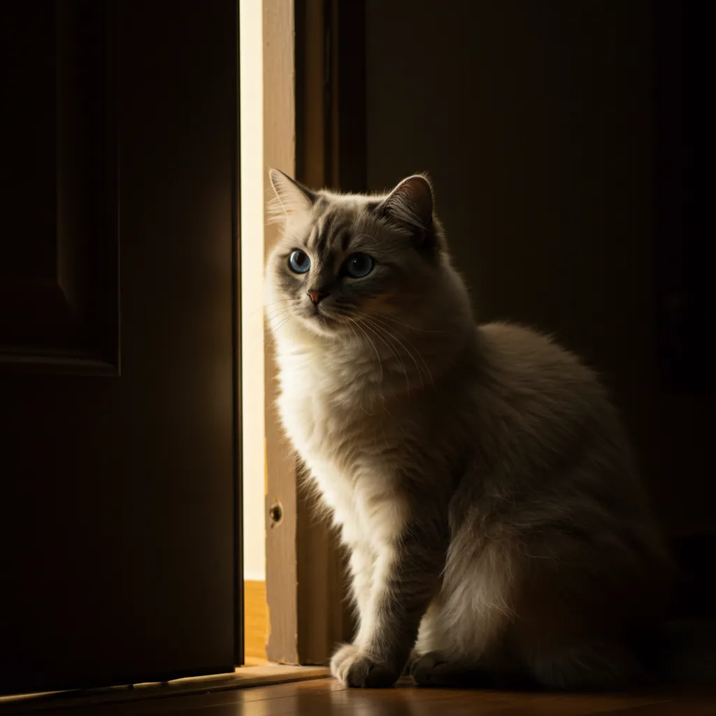 Cat sitting outside closed bedroom door at night, looking curious.