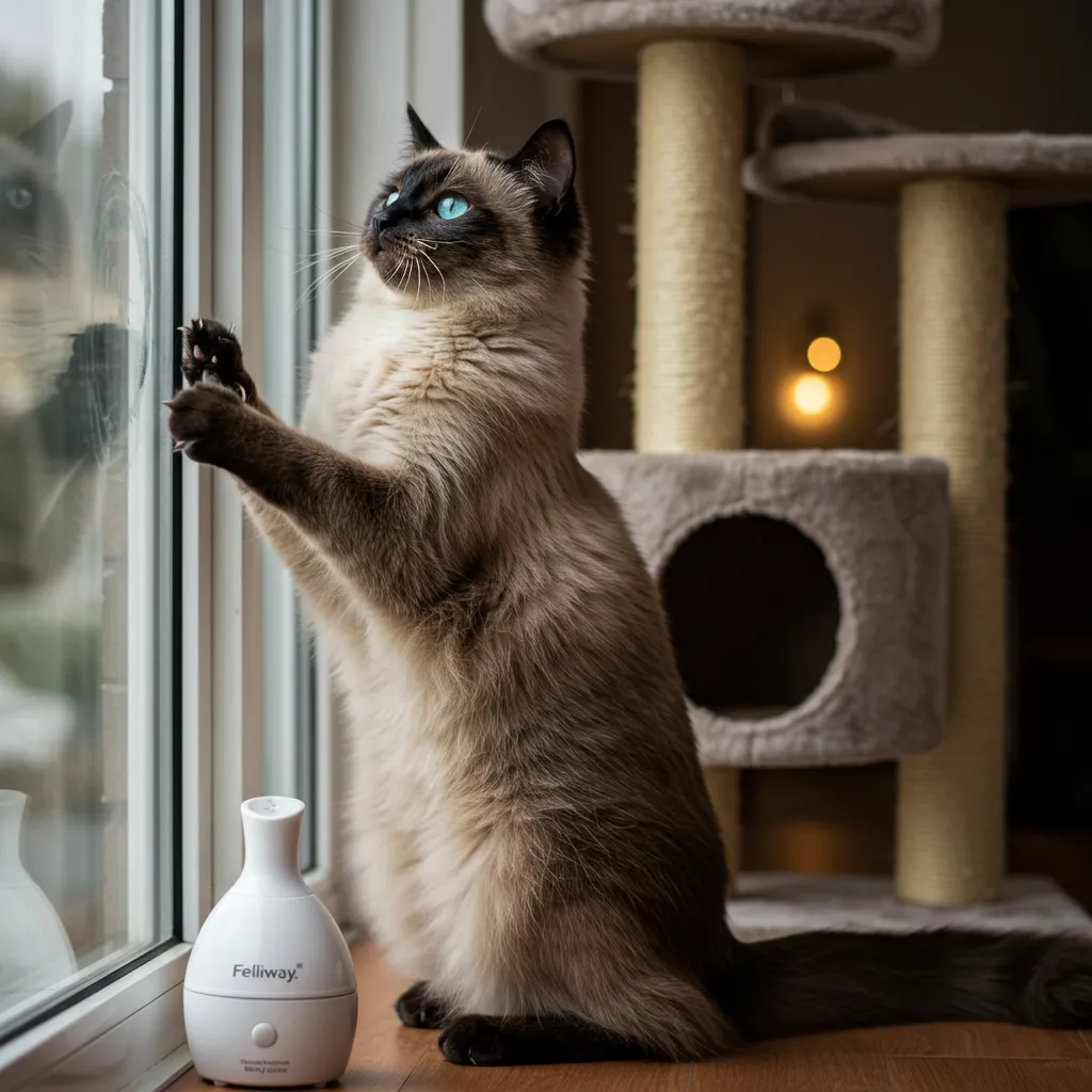 Siamese cat scratching the window due to stress, with a Feliway diffuser for anxiety relief.