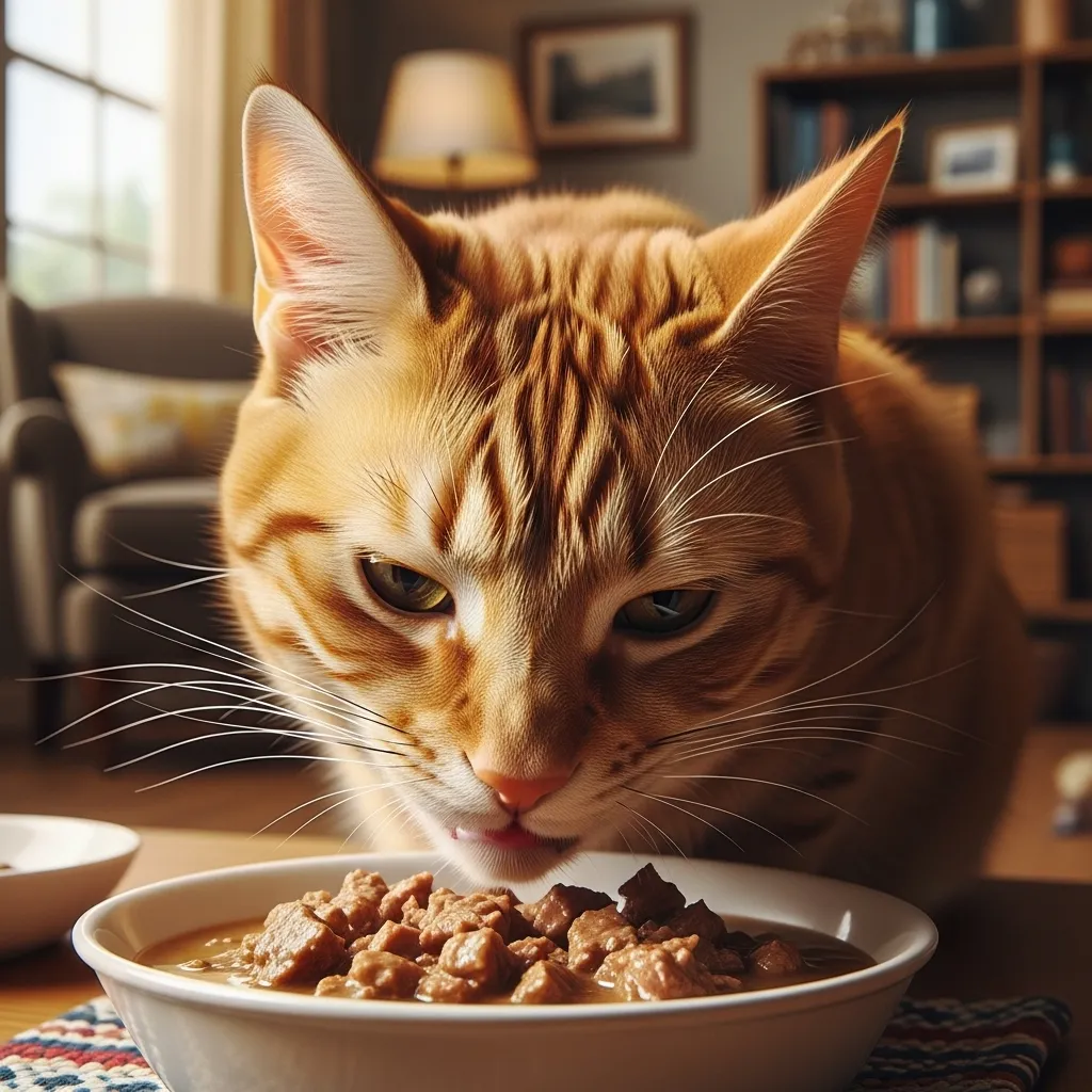 Happy cat eating high-calorie wet food for weight gain.