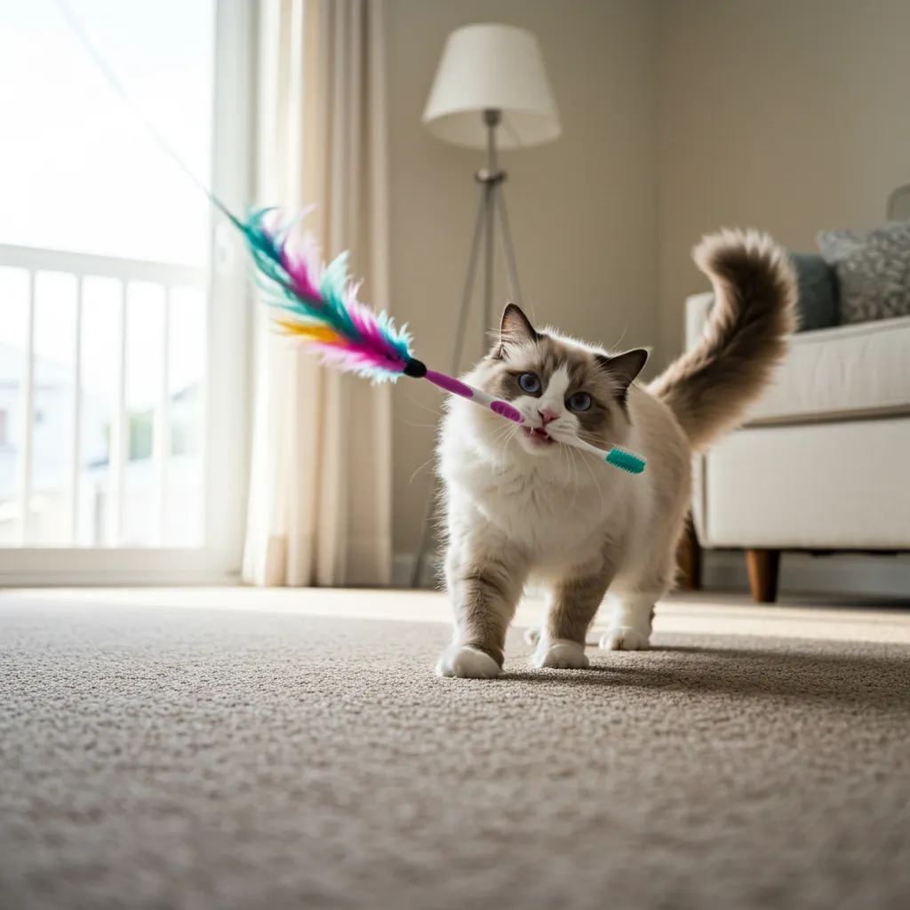 Ragdoll cat enjoying a playful tooth-brushing session with a feather toy.