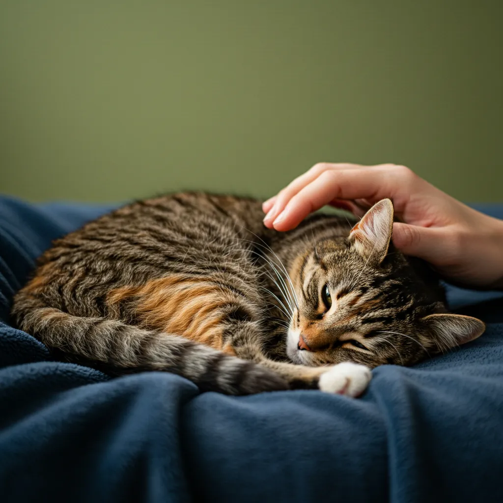 Cat being petted on a cozy blanket, showing affection and comfort.