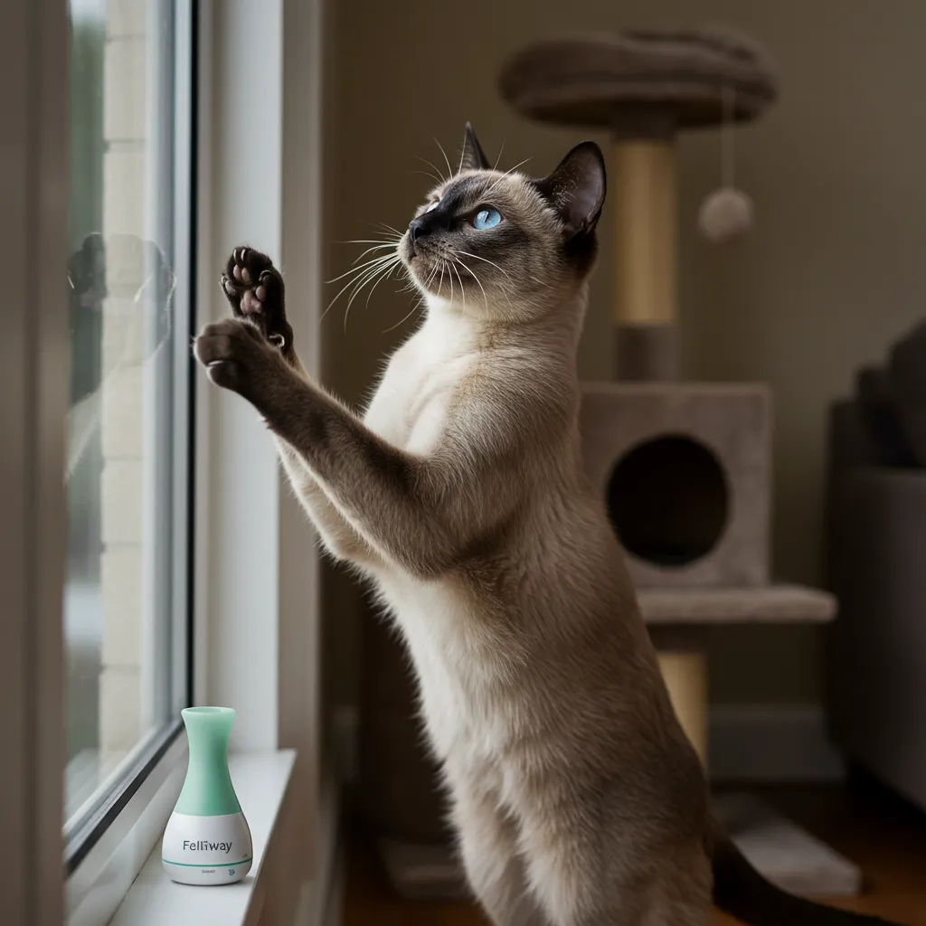  Cat using a sisal scratching post near a window, redirecting scratching behavior.