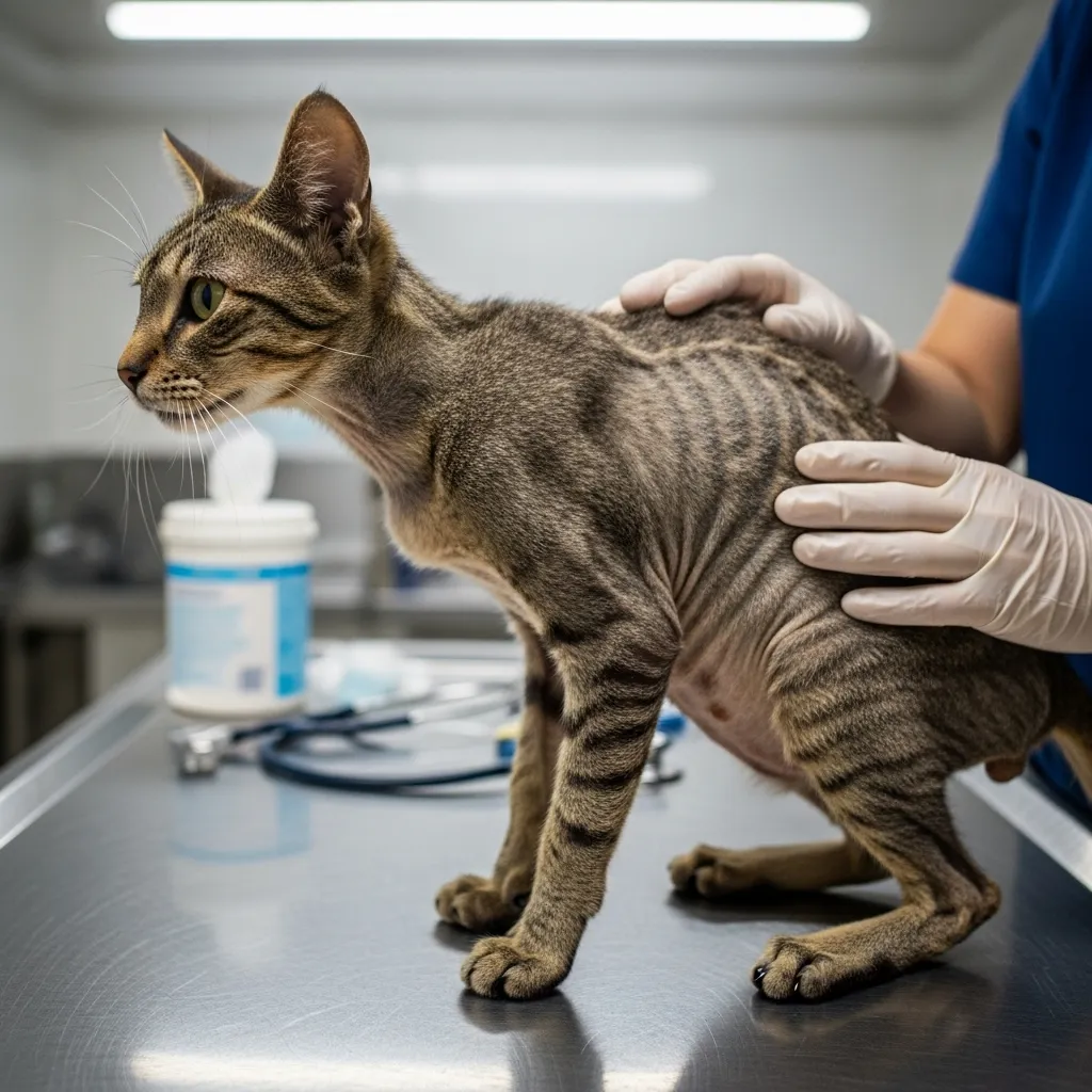 Underweight cat showing visible ribs during a vet check.