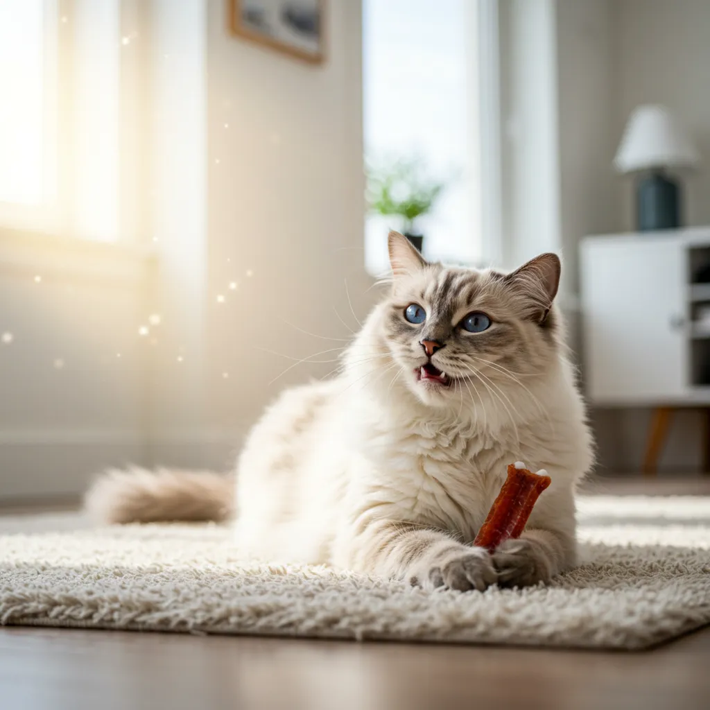 A Ragdoll cat with a gleaming smile, lounging happily with a dental chew, sunny room setting.