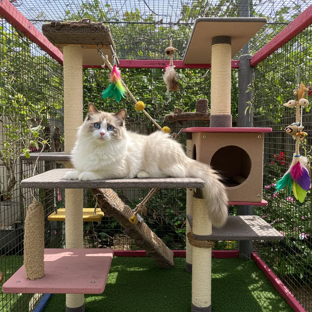  Ragdoll cat relaxing in a vibrant, safe outdoor enclosure with toys and plants.