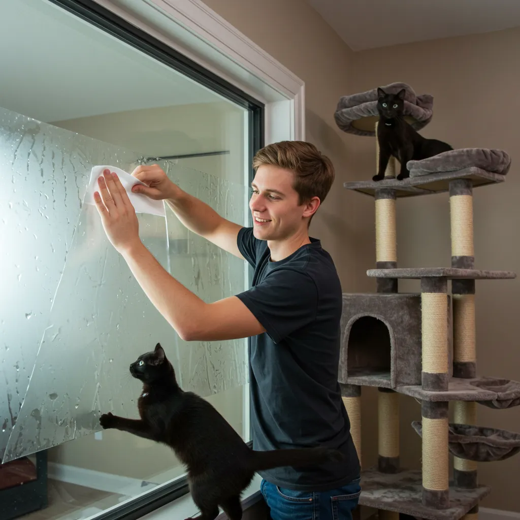 Person applying frosted window film to prevent cat scratching, with a happy cat on a cat tree.