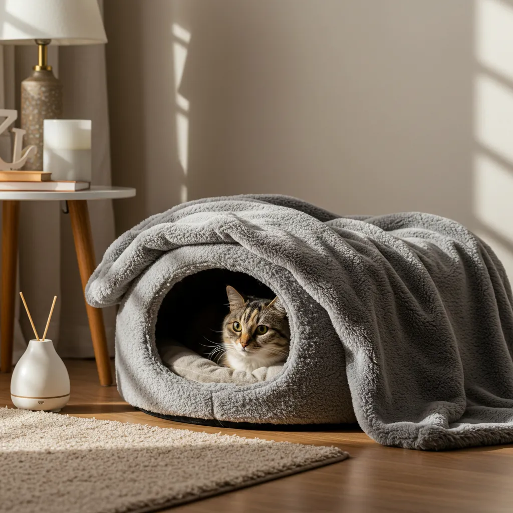 Cozy cat bed with blanket and pheromone diffuser for calming anxious cats.