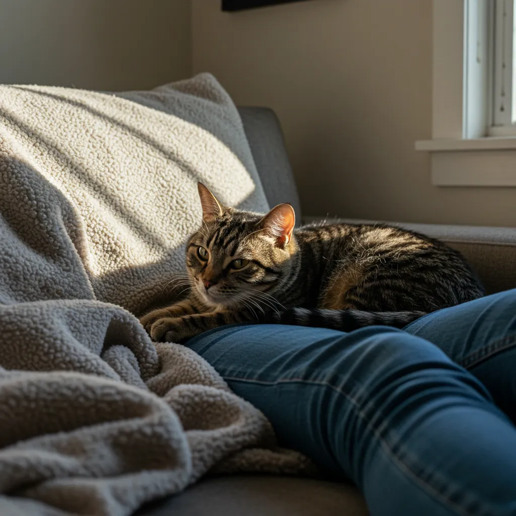  Cat sitting behind owner on a cozy couch, showcasing cat comfort-seeking behavior and trust in a warm home setting.