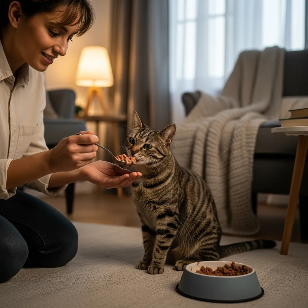  Hand-feeding a cat to encourage weight gain.