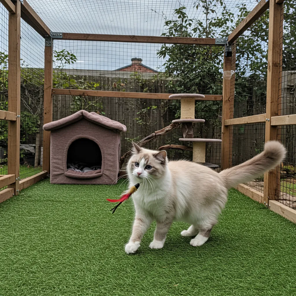 : Ragdoll cat enjoying a safe outdoor enclosure with toys and a shelter.