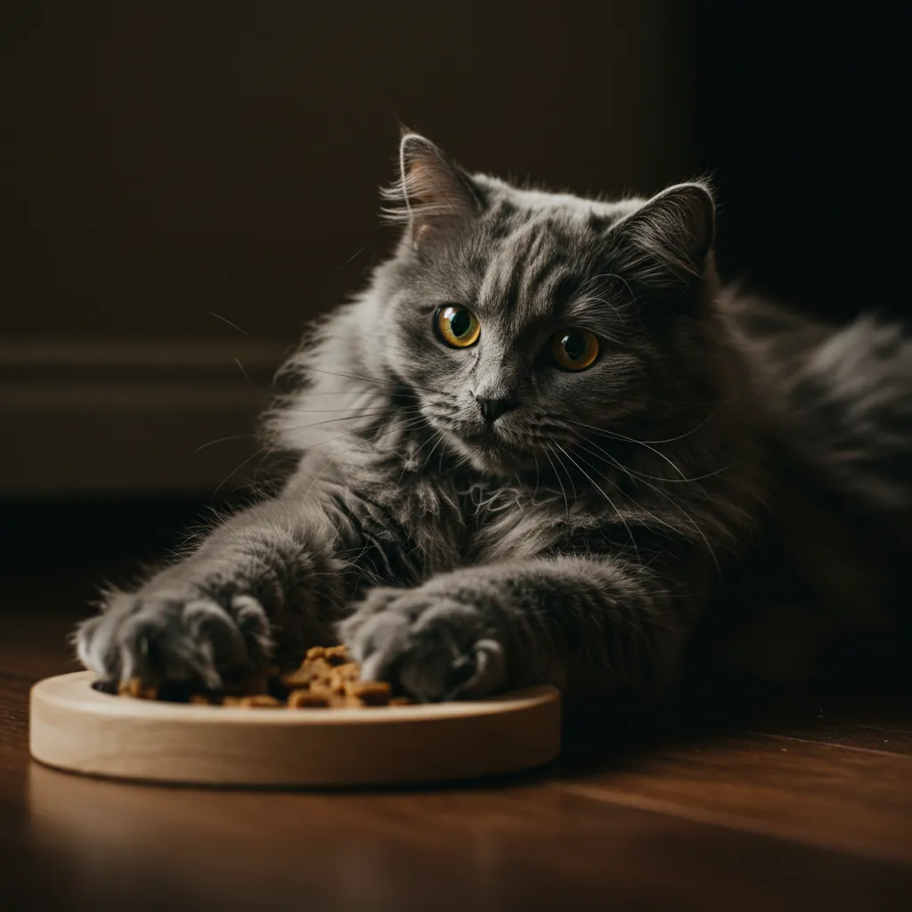 Cat interacting with a puzzle feeder toy at night to prevent meowing.