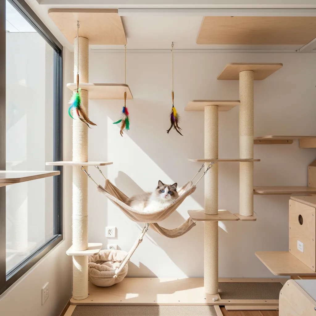 Ragdoll cat in a modern outdoor enclosure with climbing structures and toys.