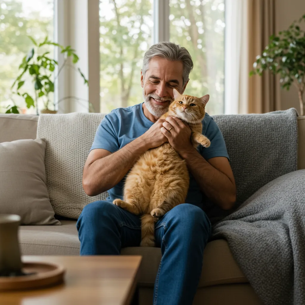 Person comforting a relaxed cat in a cozy living room setting.