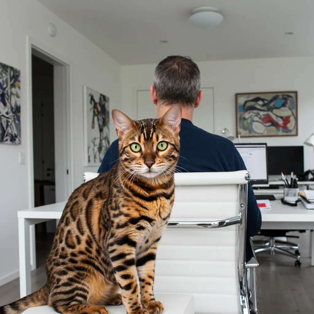 Bengal cat sitting behind owner in a home office, demonstrating feline social hierarchy and territorial bonding.