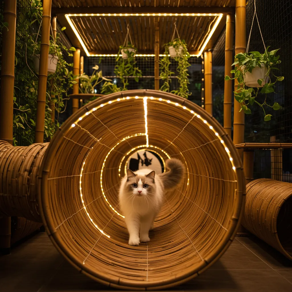 Ragdoll cat in a stylish, eco-friendly outdoor cat enclosure with bamboo and plants.