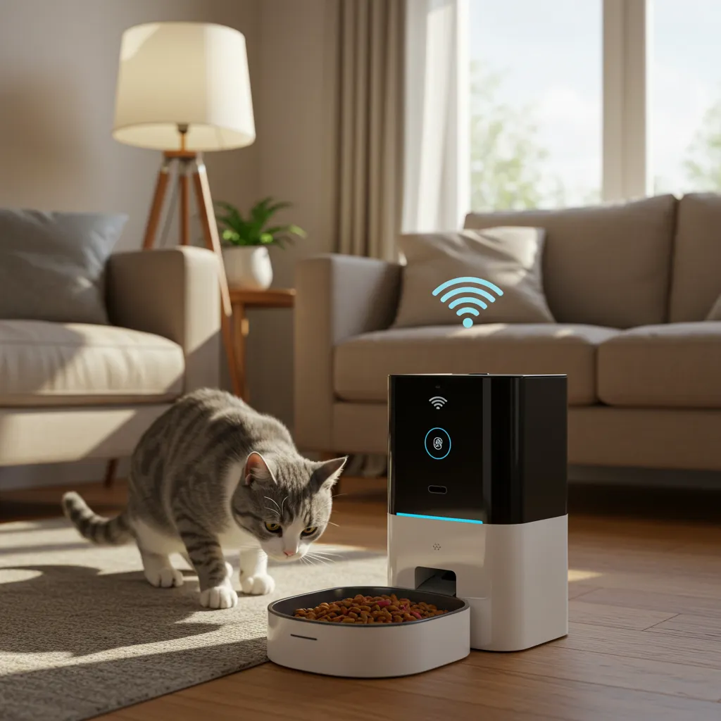 Happy cat eating from a WiFi-enabled automatic cat feeder in a cozy living room.