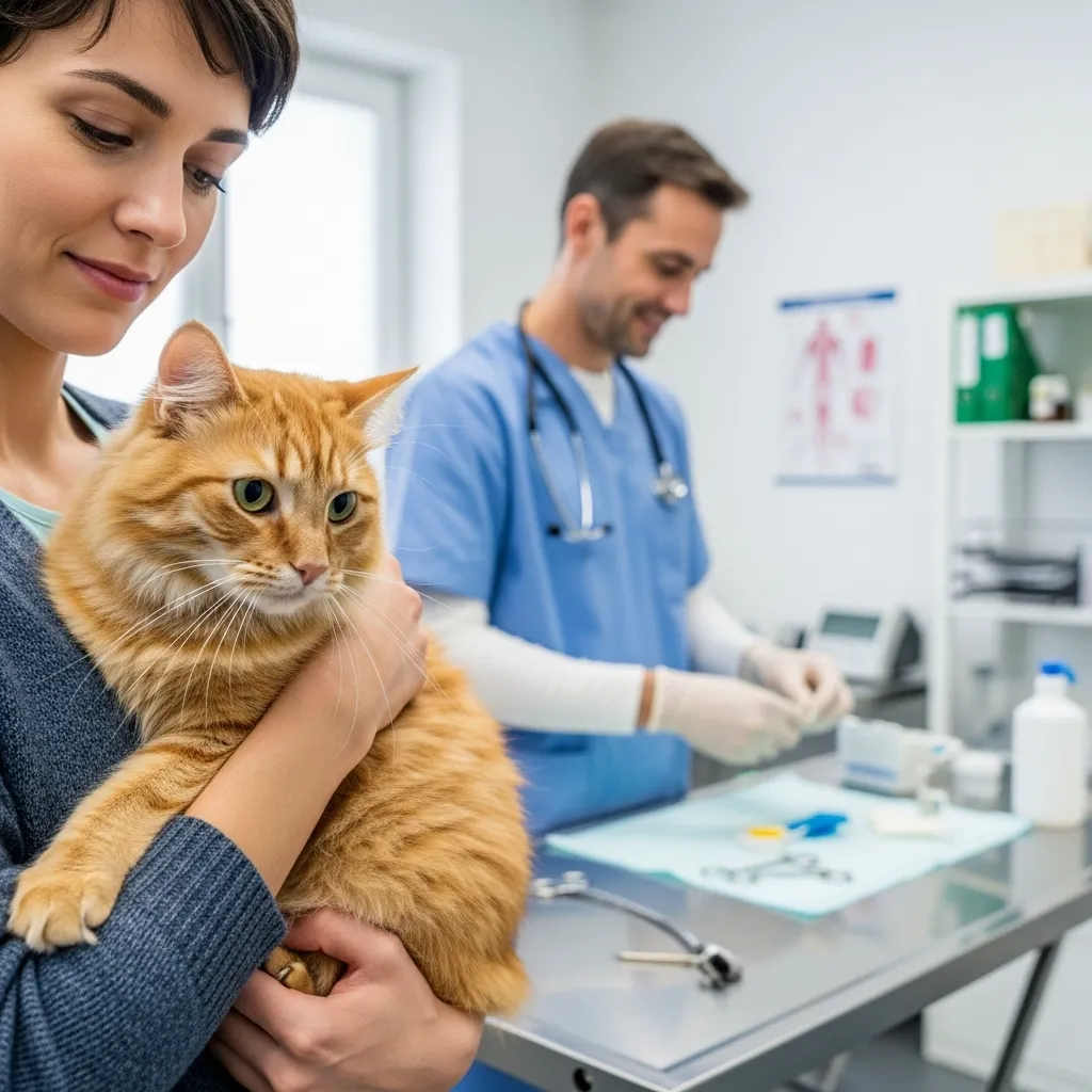  Cat owner holding a cat at a vet clinic for pyometra checkup.