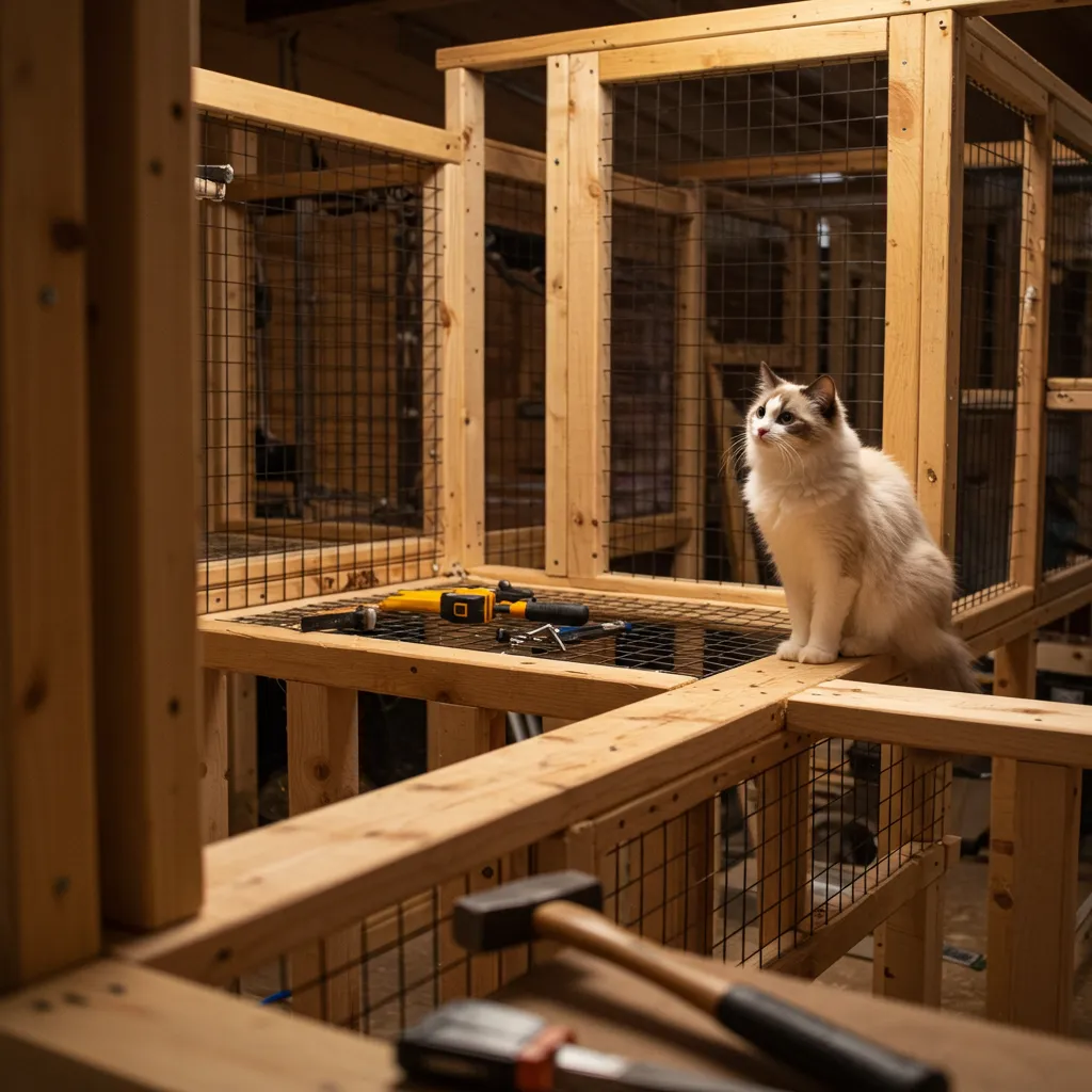 Ragdoll cat observing a DIY outdoor enclosure under construction with lumber and tools.