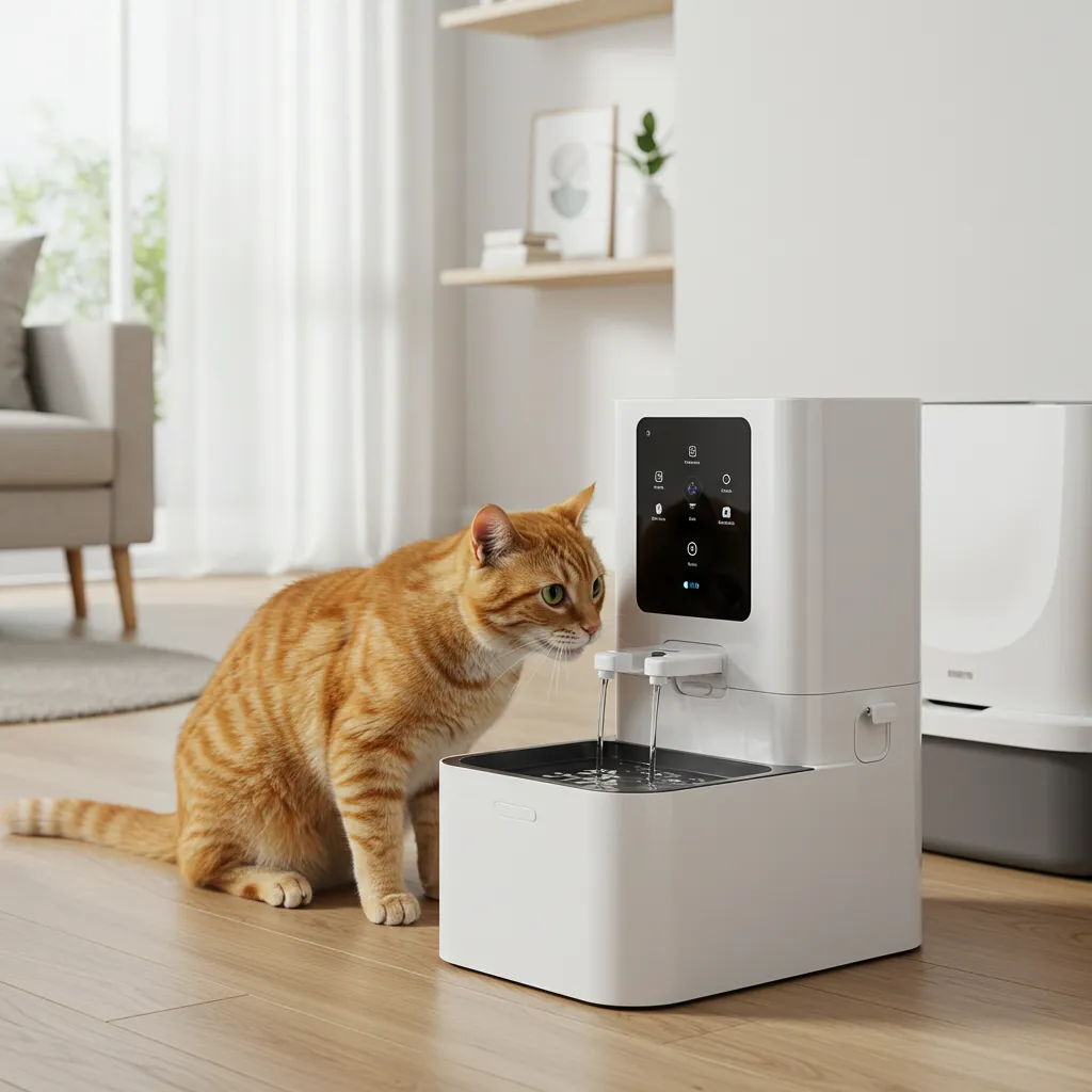 Cat drinking from a water fountain next to an automatic cat feeder and self-cleaning litter box.