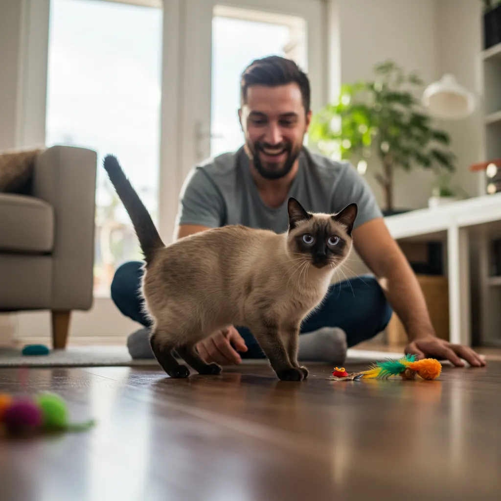 Siamese cat in a playful crouch behind the owner, showcasing cat play behavior and readiness for fun.