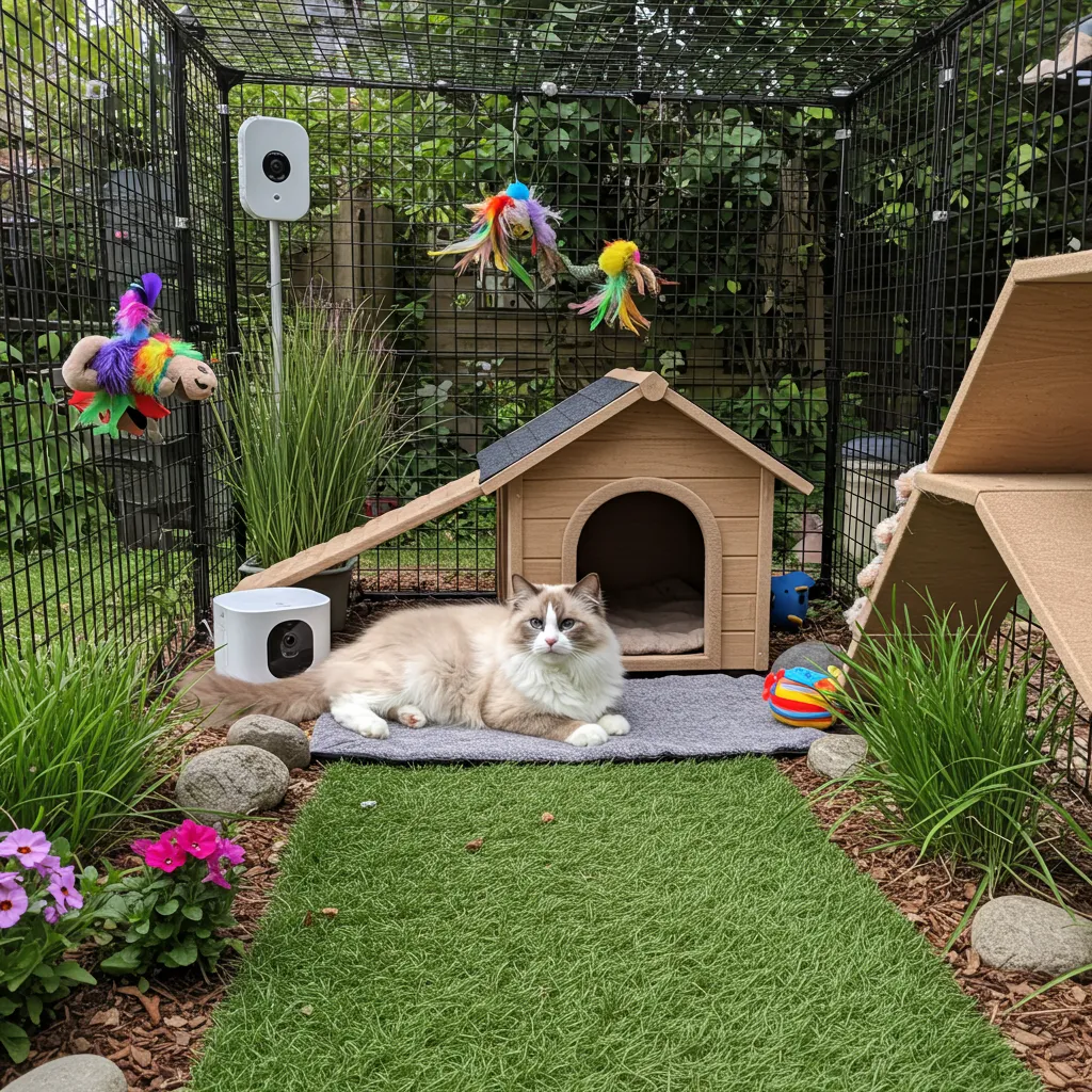 Ragdoll cat in a maintained outdoor enclosure with new toys and a smart camera.