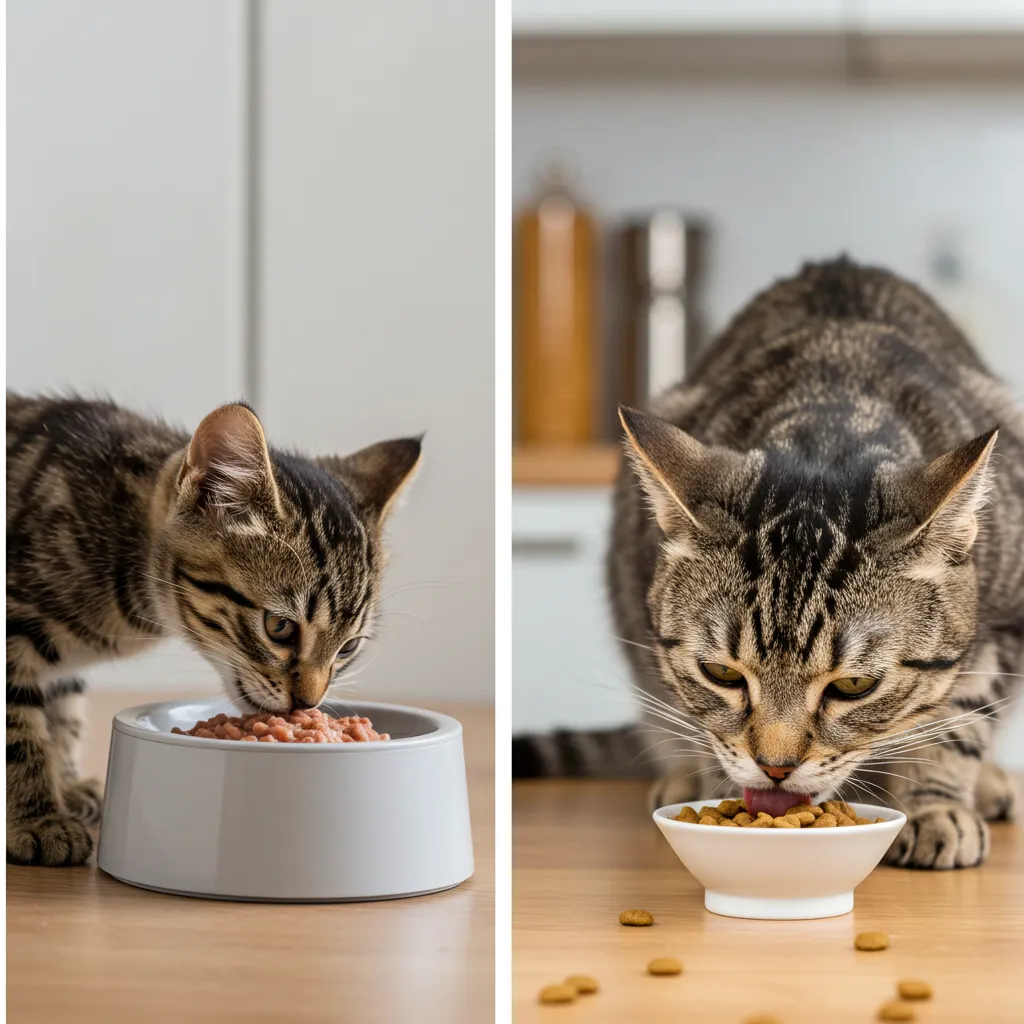 Kitten and senior cat eating from automatic feeders tailored to their nutritional needs.
