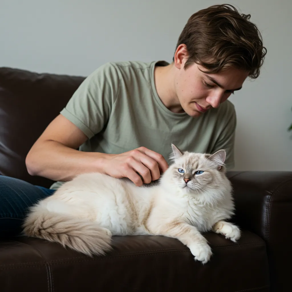 Owner grooming a Ragdoll cat, strengthening the cat and owner bonding through a calming interaction.