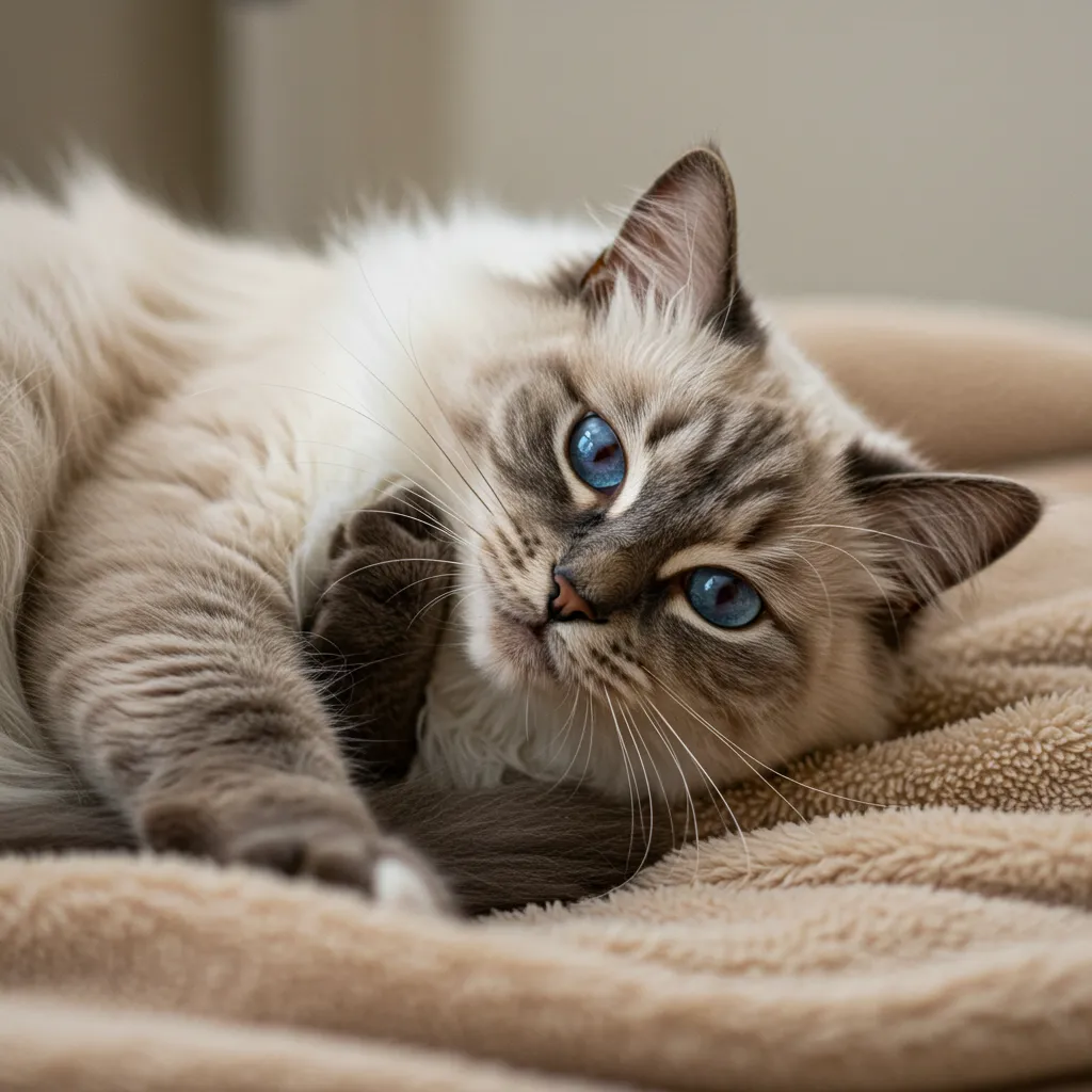 Fluffy Ragdoll cat with blue eyes lounging on a blanket, showing possible allergy signs.