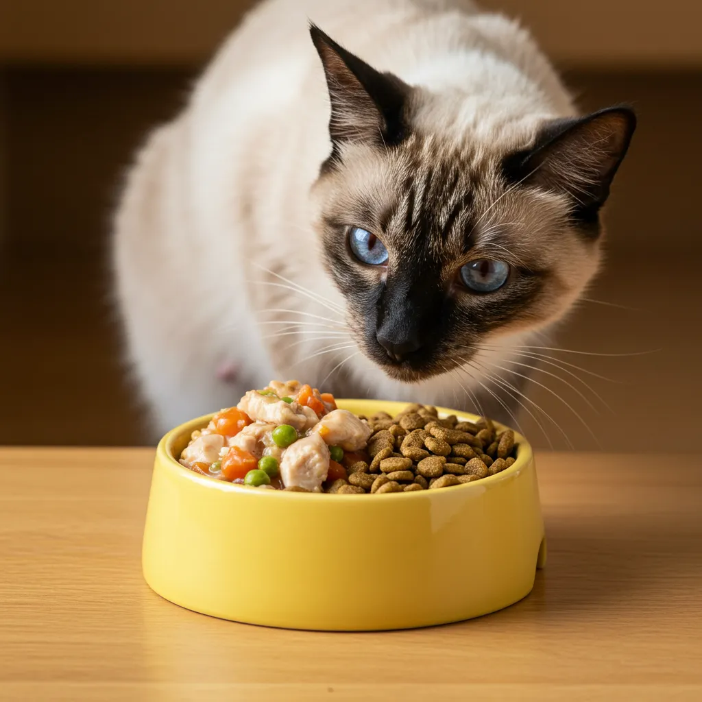  Bowl of high-calorie kitten food for a pregnant cat.