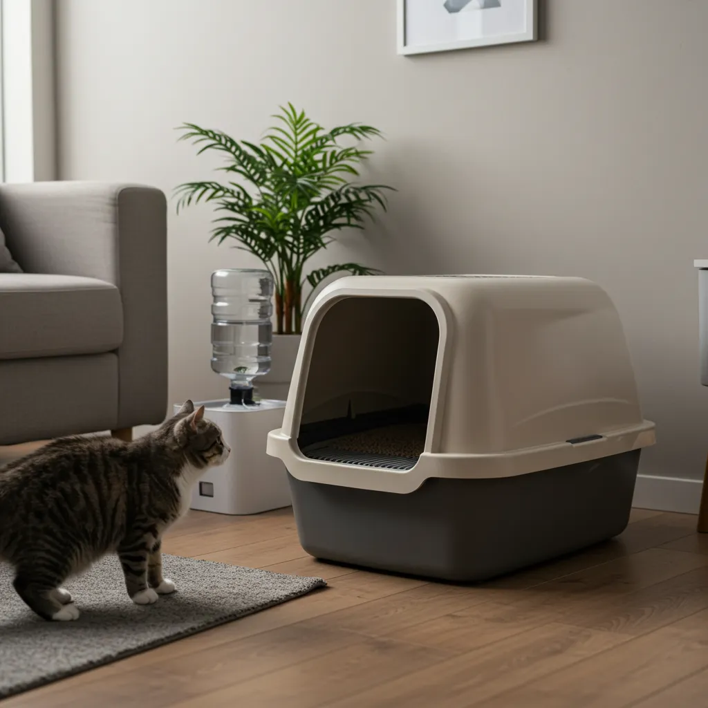 Cat owner checking a clean litter box to monitor cat urination habits in a cozy home setting