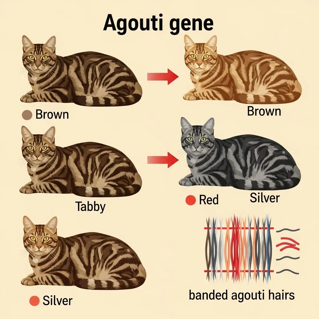 Tabby Cat Colors 7 Infographic of tabby cat genetics showing agouti gene and color variations.