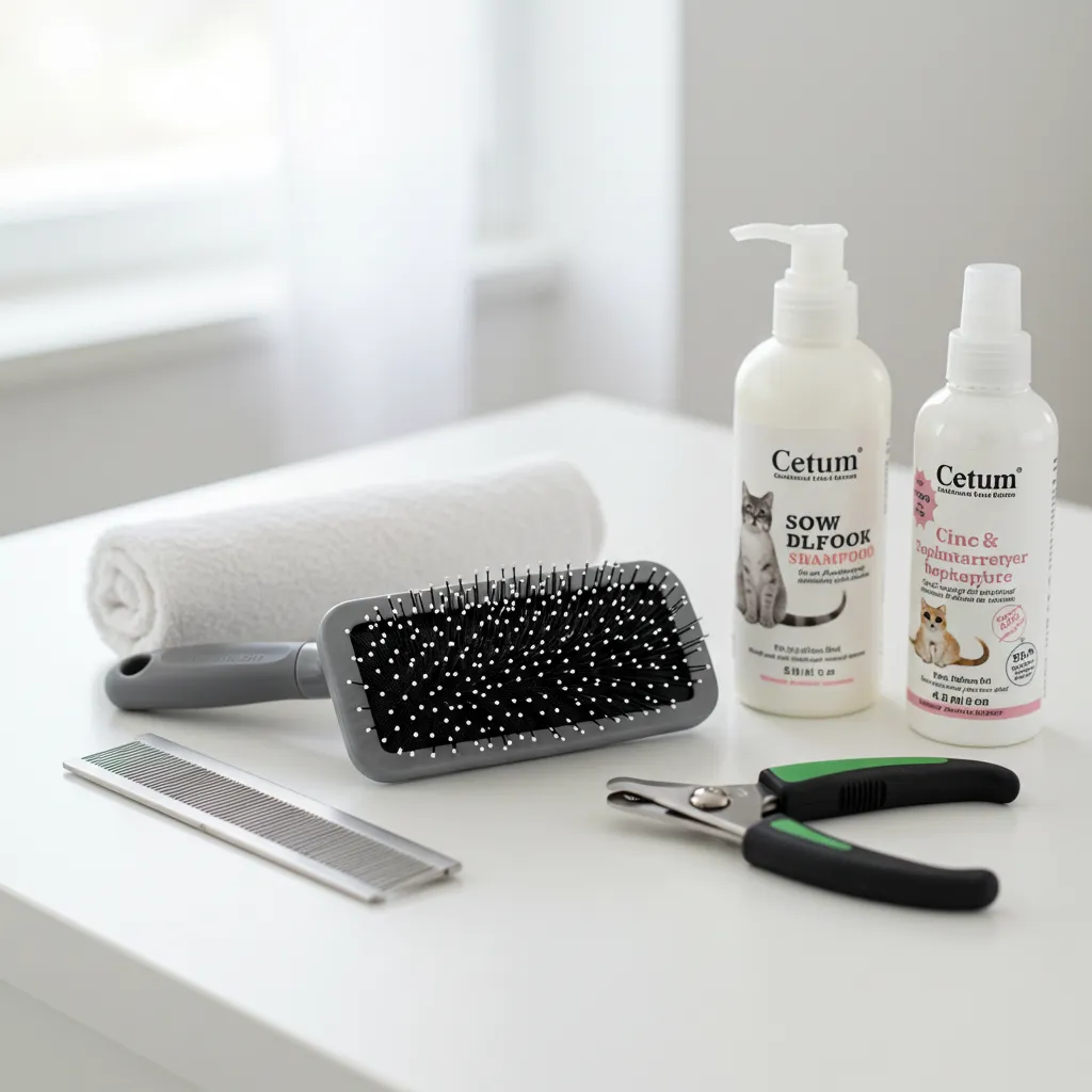 Essential grooming supplies for Norwegian Forest Cats, including brushes and shampoos.