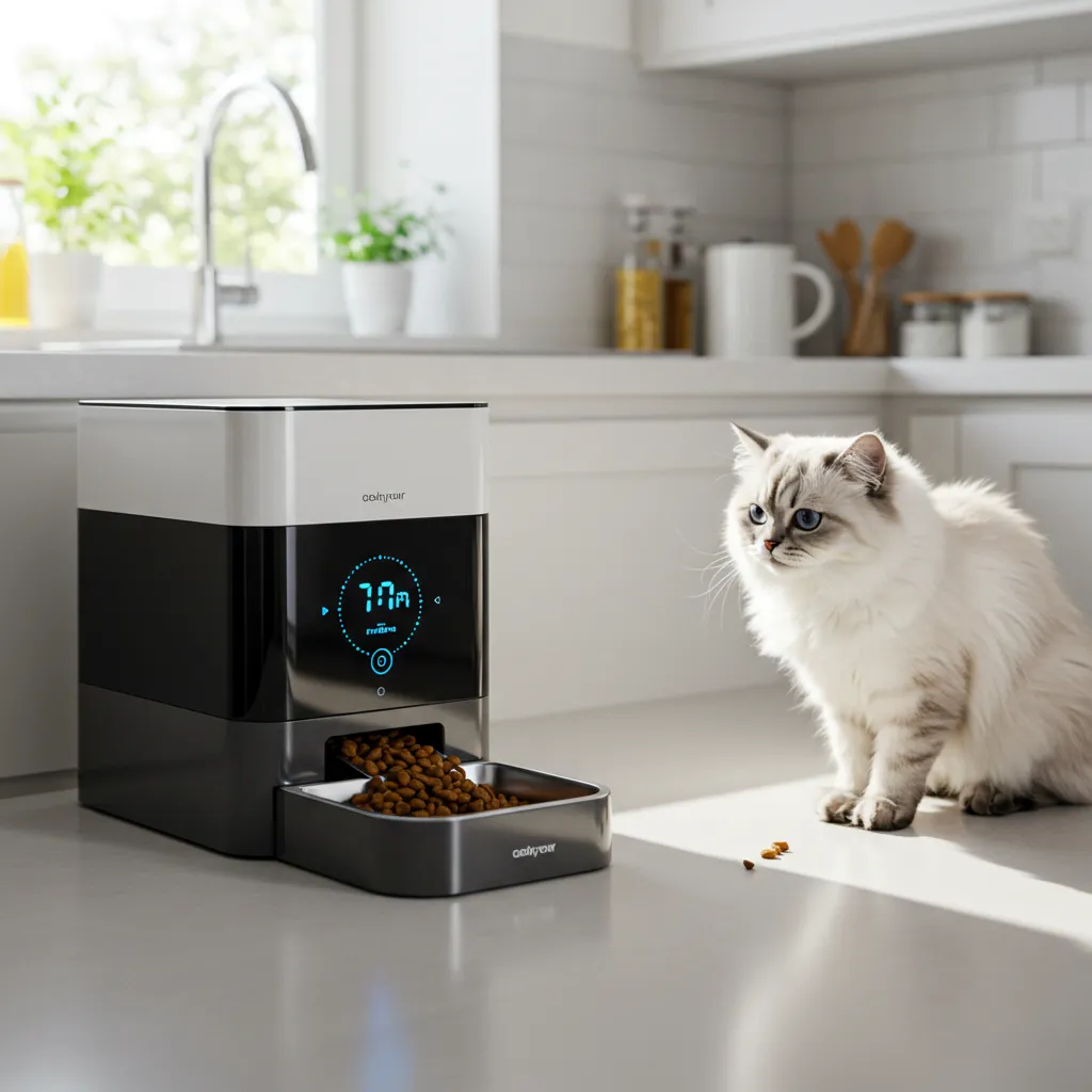 Smart automatic cat feeder dispensing kibble at 7 AM with a cat waiting eagerly.