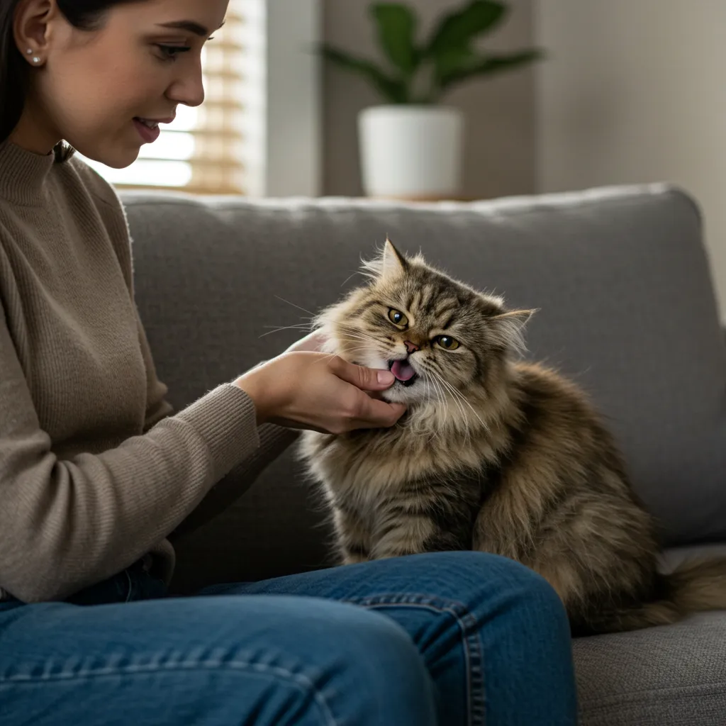 Cat owner watching Persian cat swallowing repeatedly on a cozy couch, highlighting feline swallowing issues.